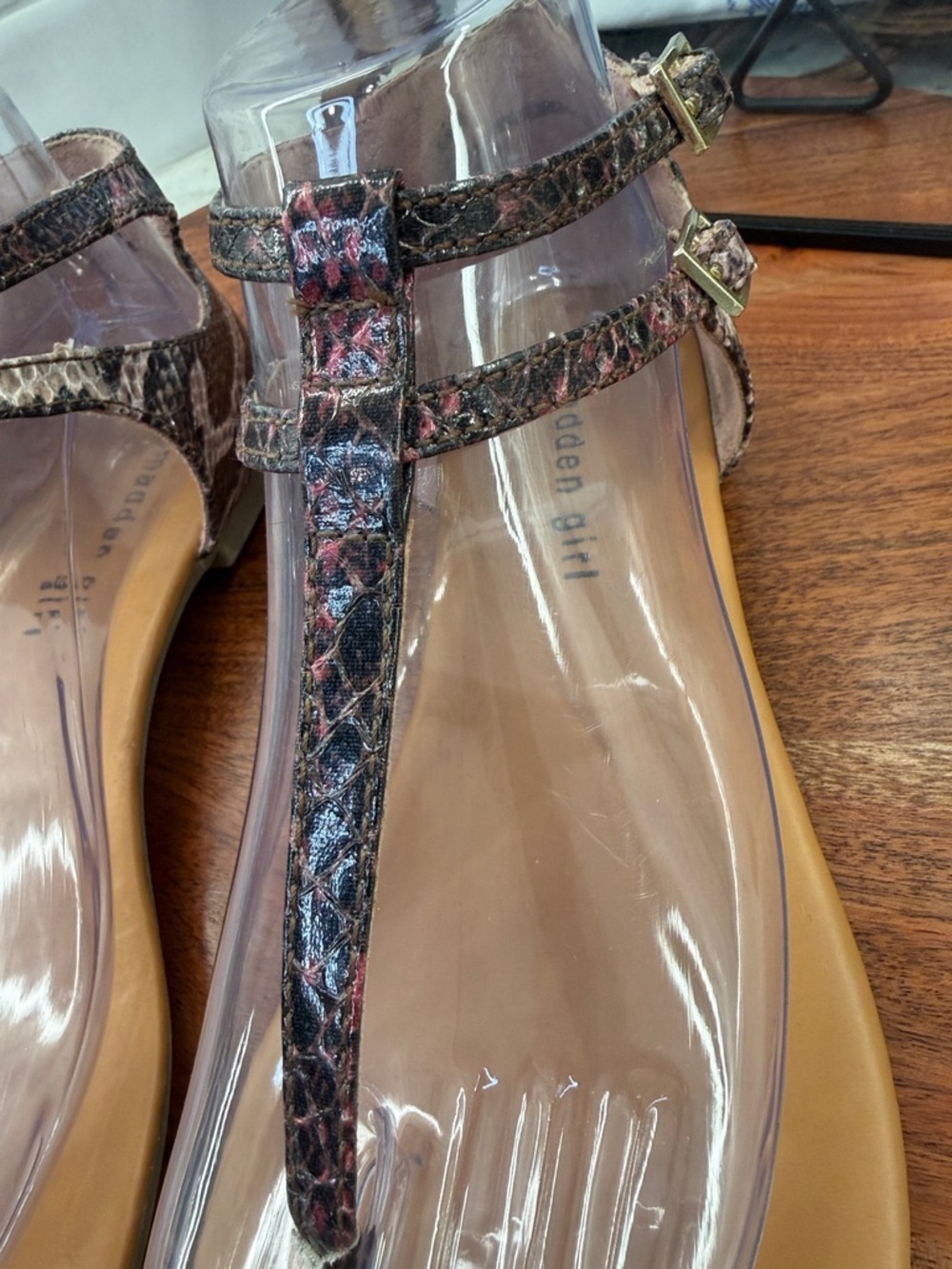 Madden Girl Brown Snake-Print T-Strap Sandals with Gold Toe Accent - Picture 3 of 7